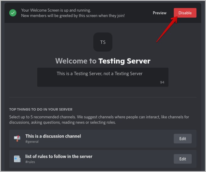 Disabling Welcome Screen on Discord 