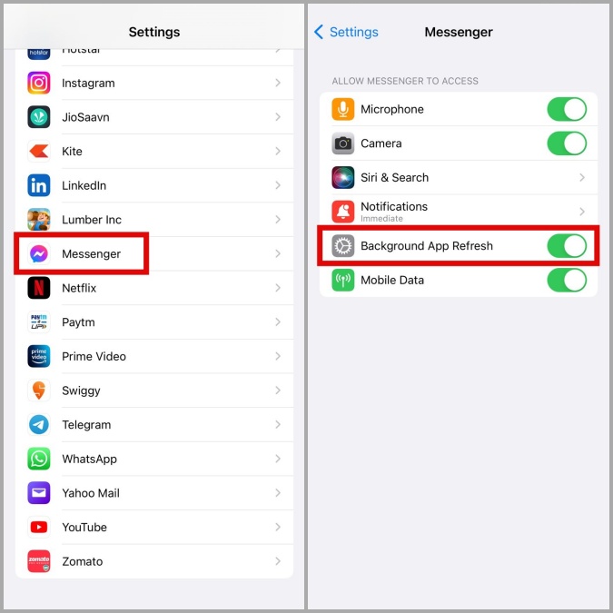 Habilitar la actualización de la aplicación en segundo plano para Messenger en iPhone