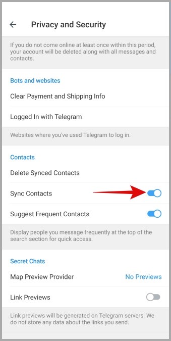 Habilitar sincronización de contactos para Telegram para Android