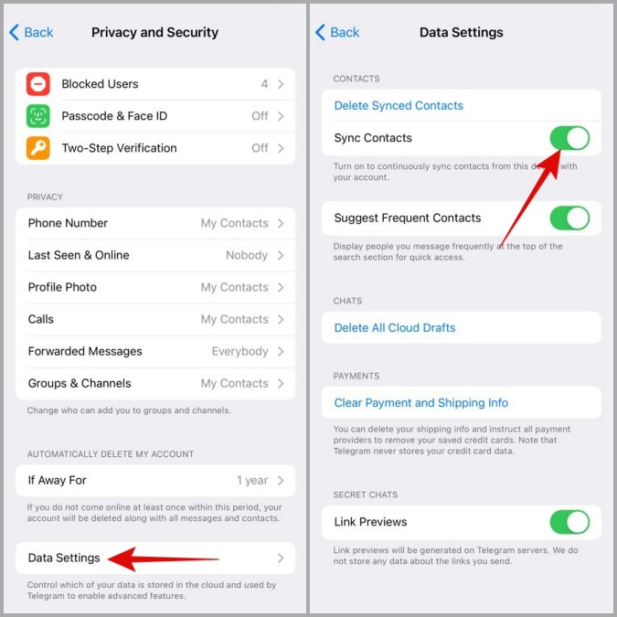 Habilitar la sincronización de contactos en Telegram para iPhone