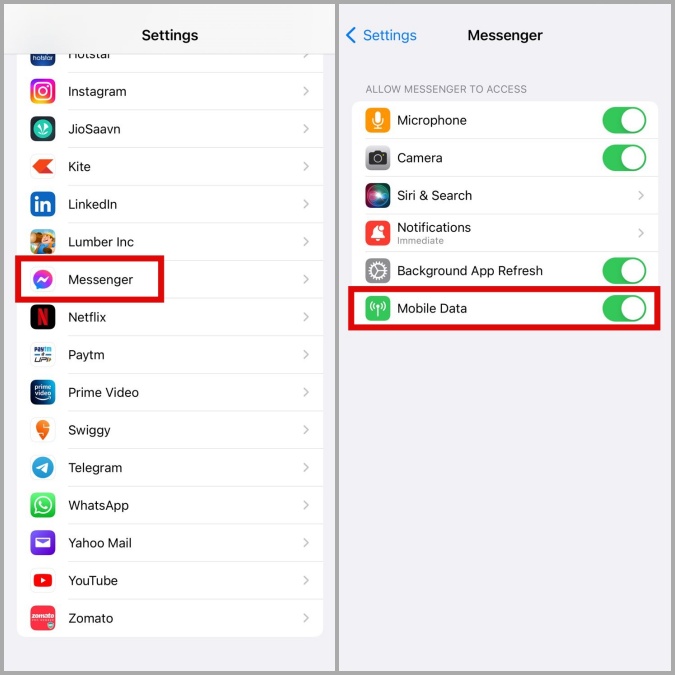 Habilitar datos móviles para Messenger en iPhone