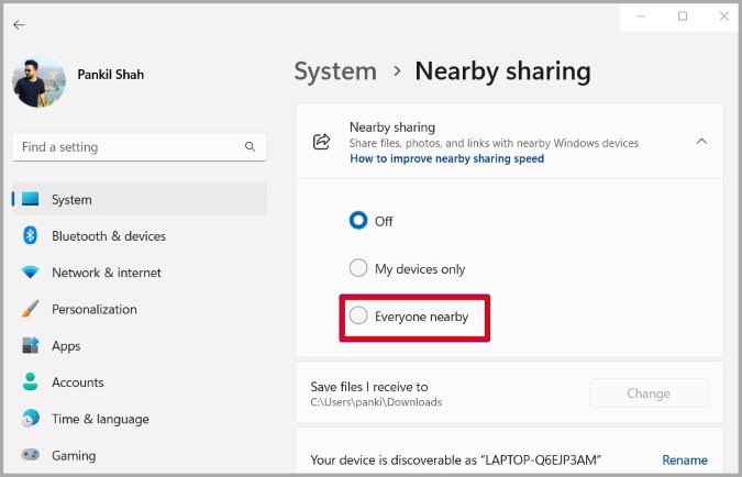 Enable Nearby Sharing on Windows 11