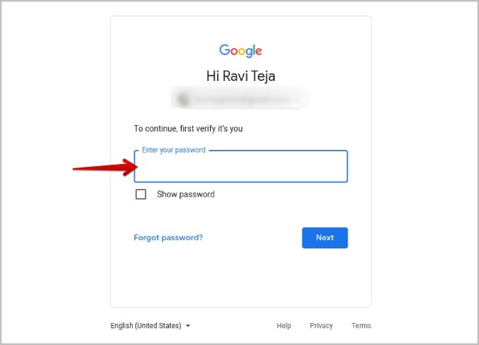 Entering Google password