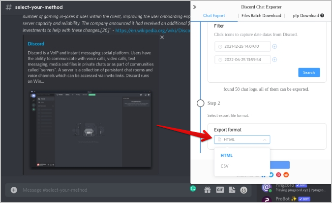 Exporting Discord messages in HTML or CSV format