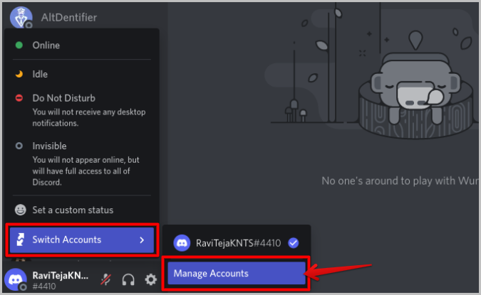 manage accounts features on Discord