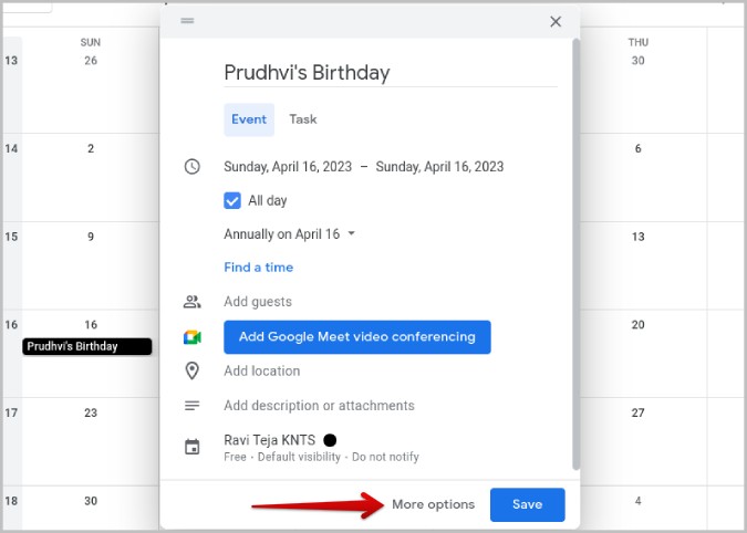 Checking more options on Google Calendar