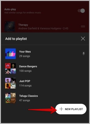 creating a new playlist on YouTube music to save the queue