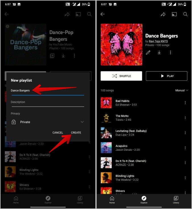 creating a new playlist on YouTube music to save playlists 