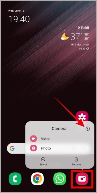Abrir la información de la aplicación de la cámara en el teléfono Samsung