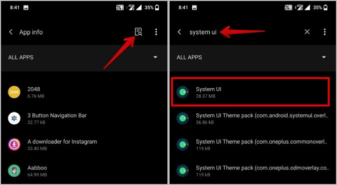 system UI app  in Android settings
