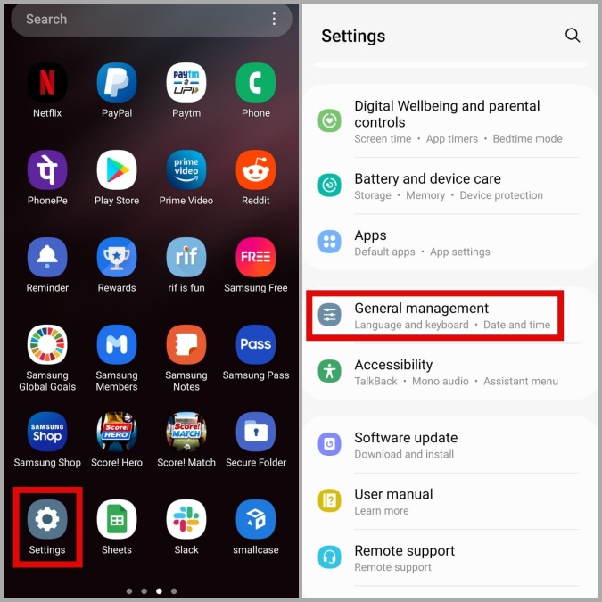 Aplicación de configuración en el teléfono Samsung