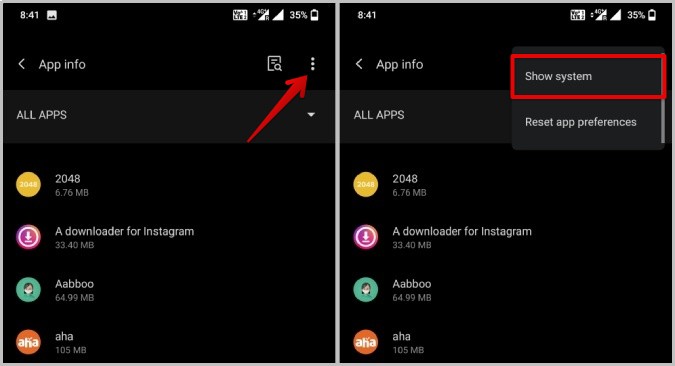 Show system apps in Android settings
