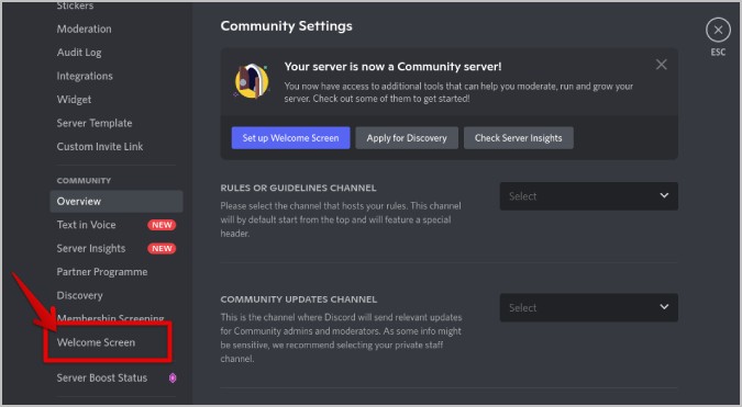 Welcome Screen option in Discord Server Settings