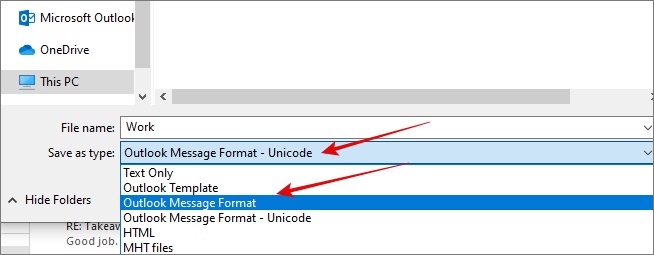 outlook email save as MSG or unicode in windows 11