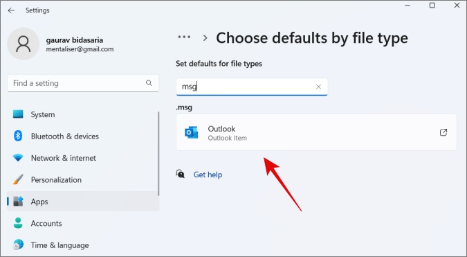 select outlook as default app for msg file format in windows settings