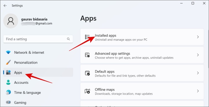 windows settings for installed apps