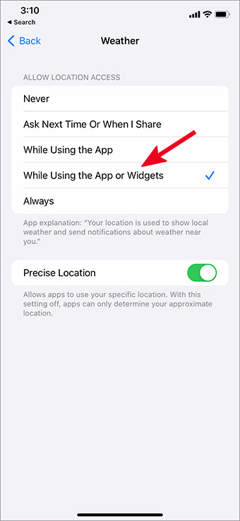 allowing weather while using app or widgets option