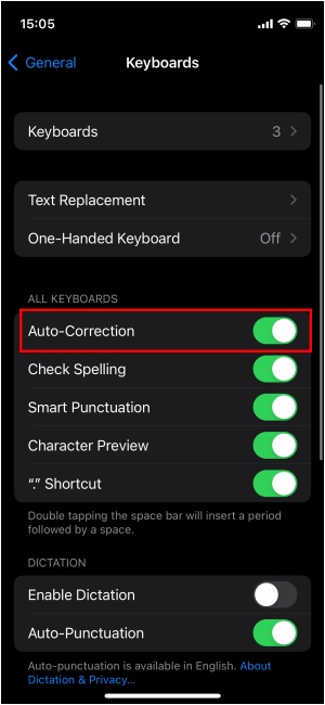 autocorrect option in iphone settings