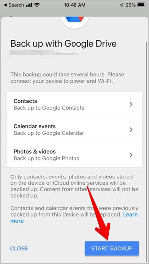 iPhone Google Drive Backup Start