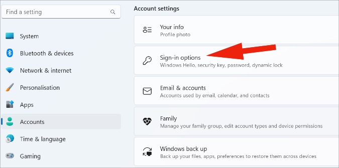 select sign-in options in windows settings