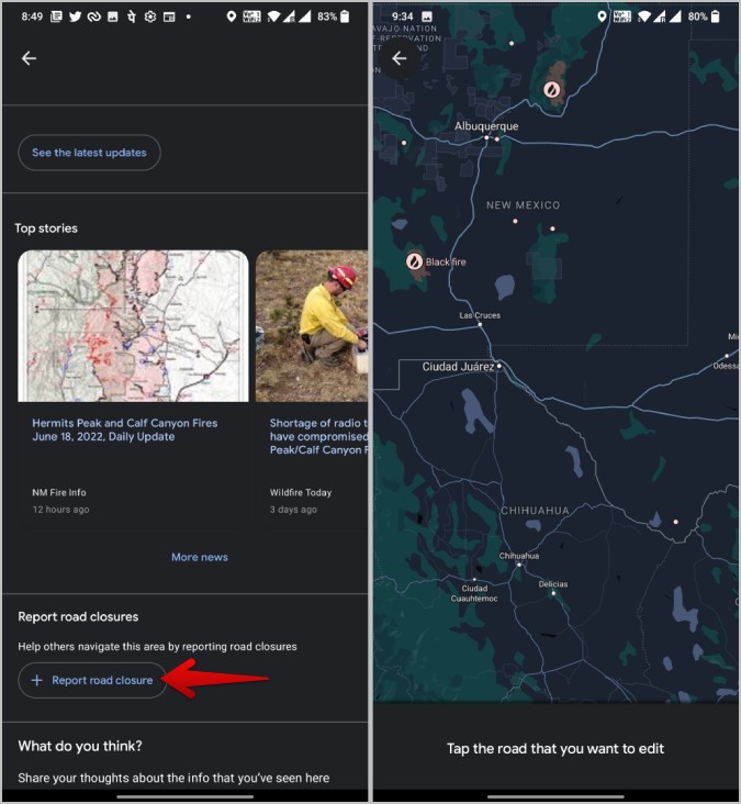 Blocking roads for wildfire data on Google Maps