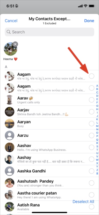 select whatsapp contacts on iphone