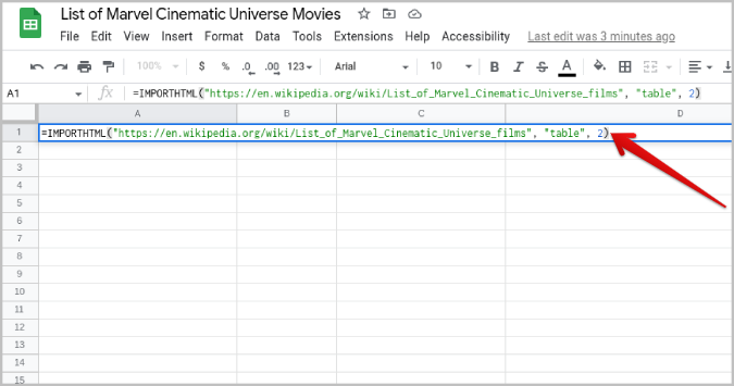 Uisng the IMPORTHTML function on Google Sheets