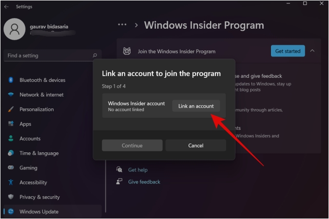 link microsoft account to windows insider program account