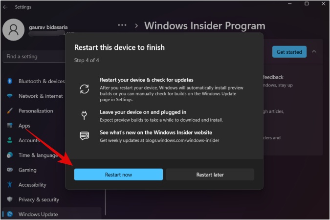 reboot windows after joining insider program