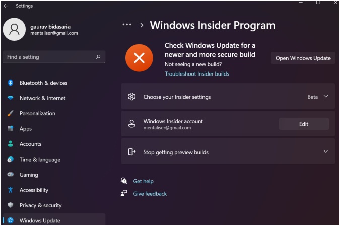 check for insider preview builds on windows 11 settings