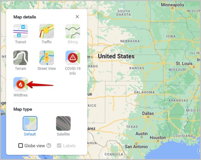 Wildfires options in Google Maps Web app