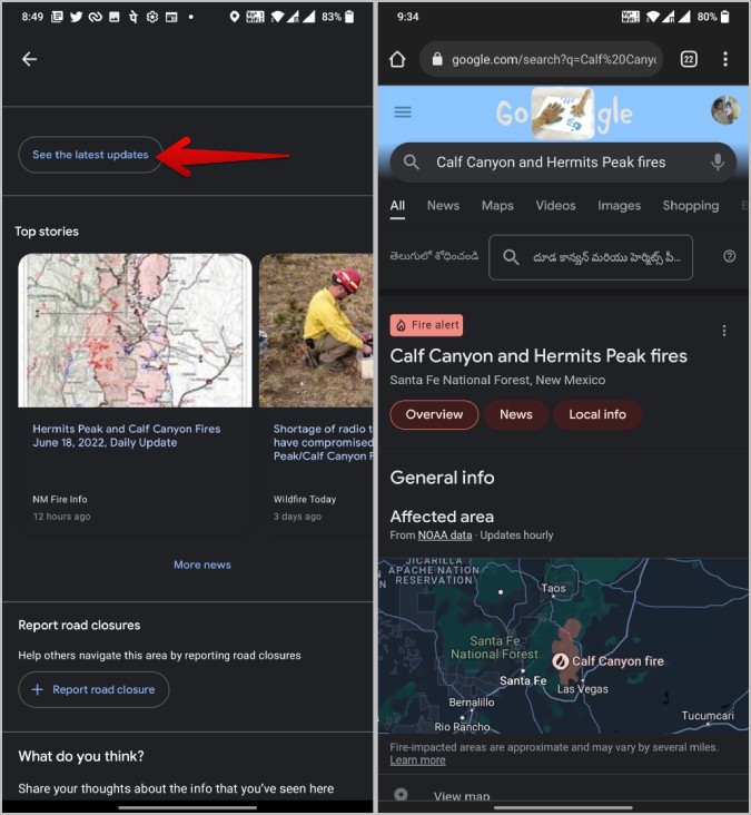 See latest updates about Wildfires on Google Maps