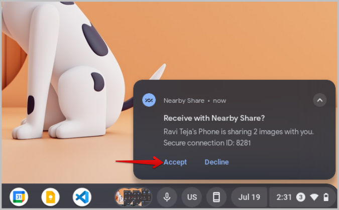 Accepting the files from Android through Nearby Share on ChromeOS
