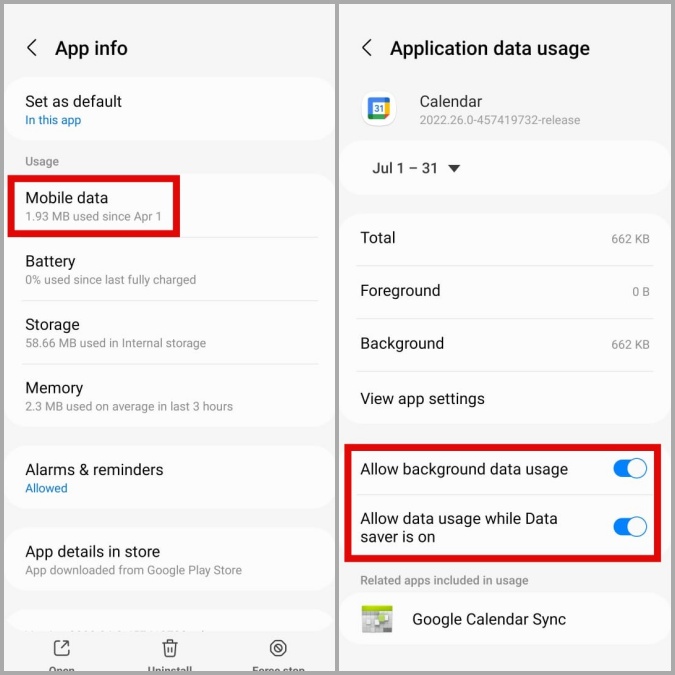 Permitir el uso de datos de fondo en Google Calendar en Android