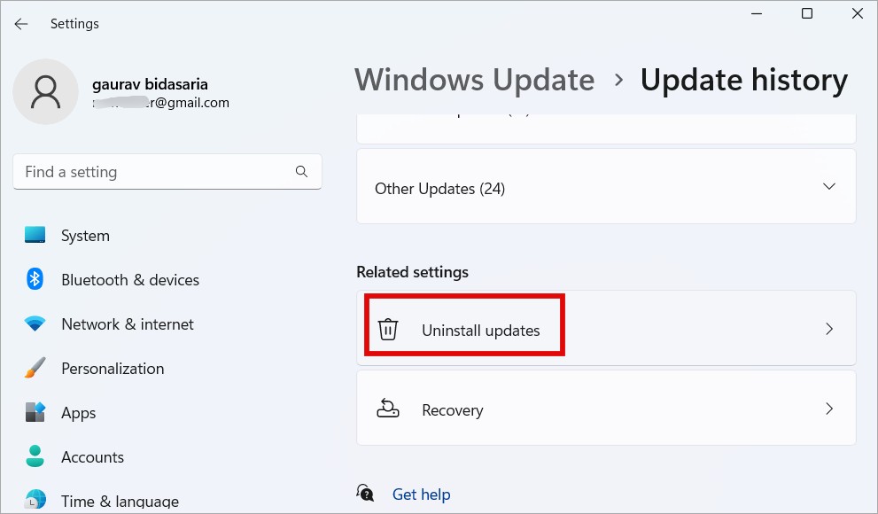 uninstall updates in windows 11