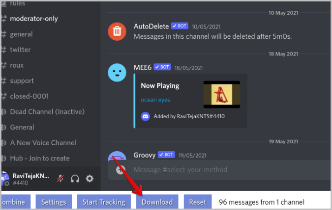 Downloading the tracked messages on Discord