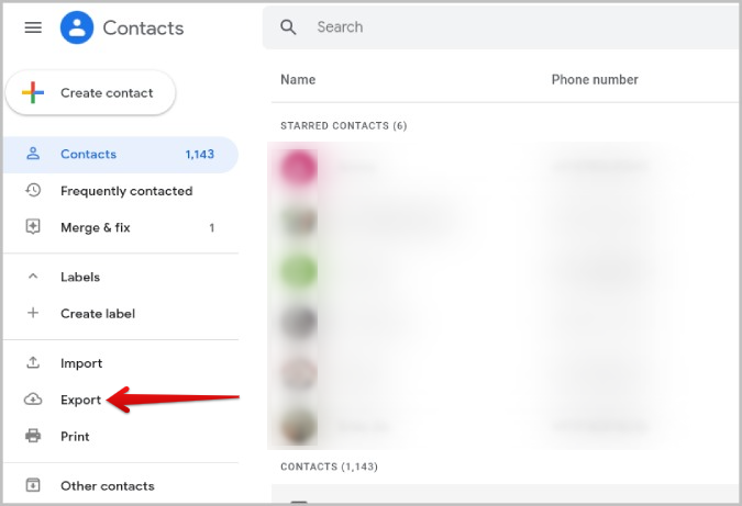export option on Google contacts