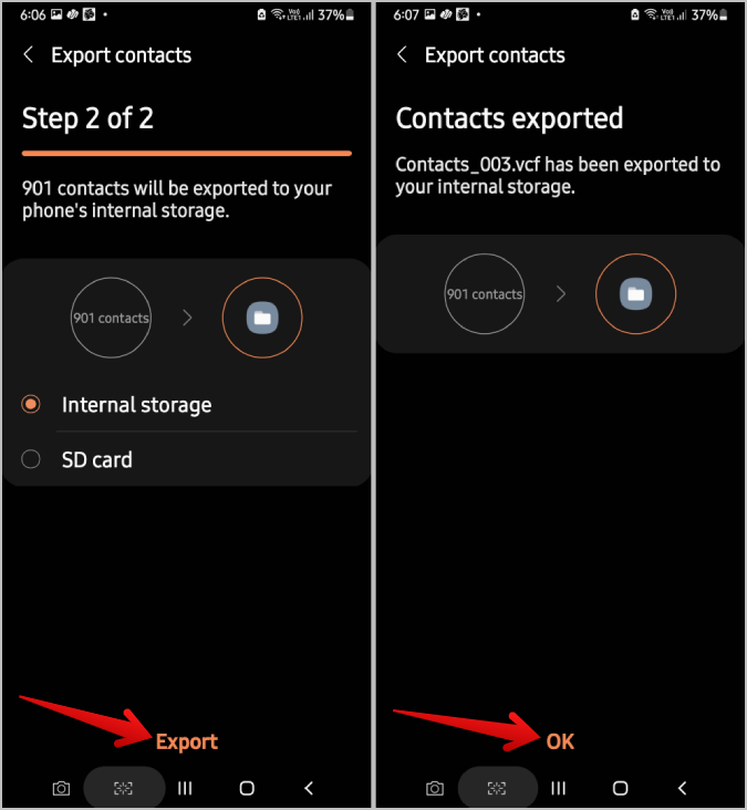 exporting Samsung contacts to internal storage or SD card