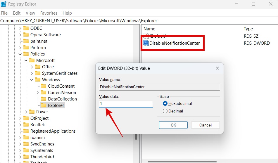 change value data to disable action center in windows