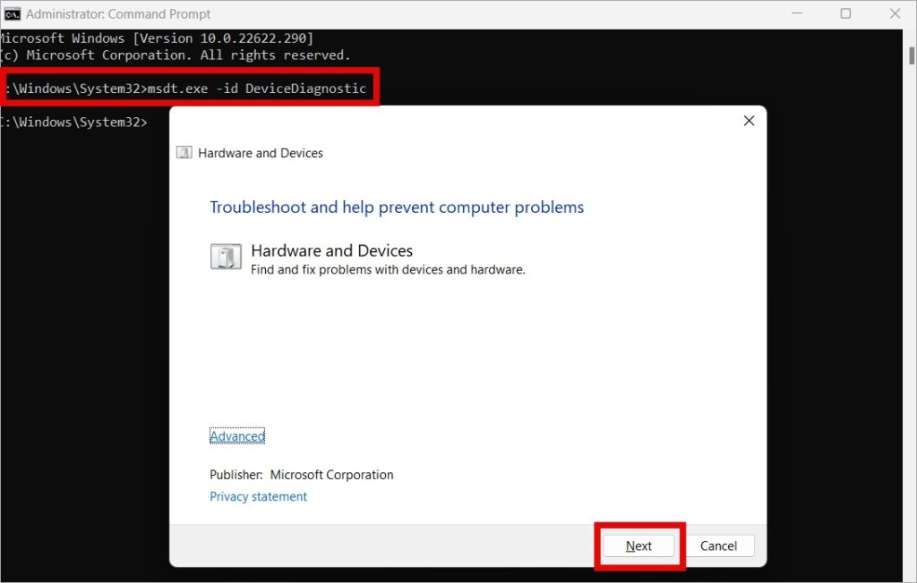 run hardware and sound troubleshooter in cmd on windows