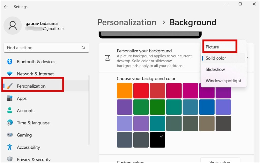 choose picture instead of solid color in windows personalization settings