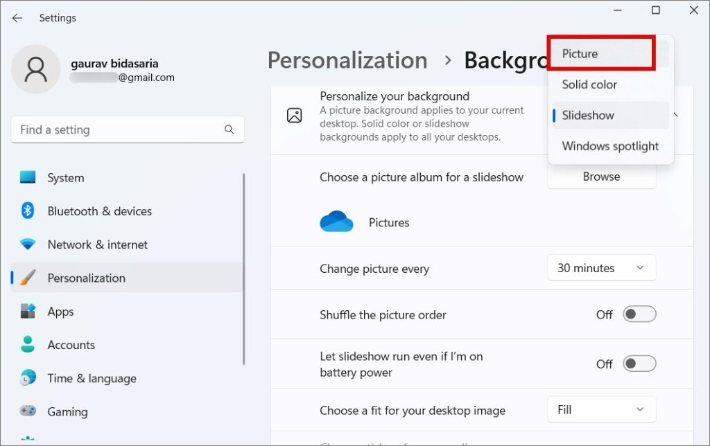 picture option in windows wallpaper settings