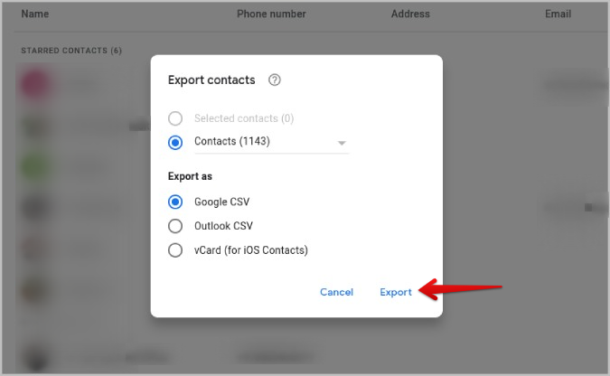 exporting contacts in the Google CSV or Outlook CSV