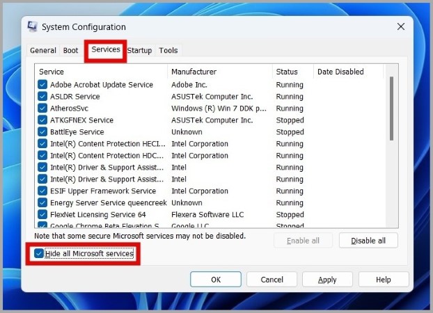 Hide Microsoft Services in System Configuration on Windows 11