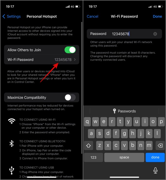 setting password for iphone hotspot