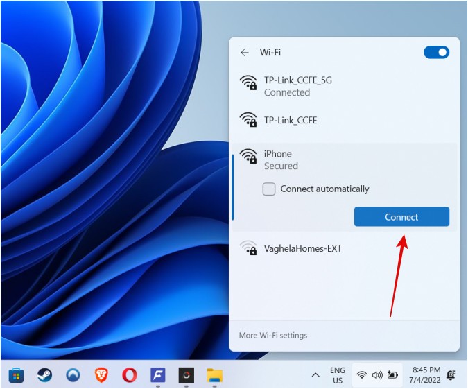connect to iphone hotspot in windows 11 wi-fi settings
