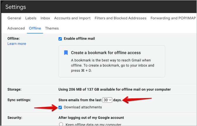 Selecting time frame and downloading attachments on Gmail offline