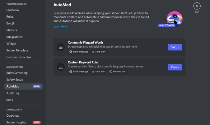 AutoMod option on Discord