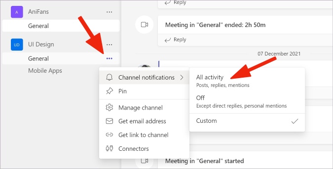 enable notifications for teams channel