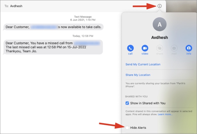 hide alerts from contacts